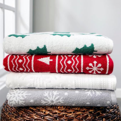 SKL Home Christmas/Winter Fair Isle Bath Towel, 100% Cotton Jacquard, Red | 500 GSM. Soft & absorbent terry with reversible pattern. Great for holiday gifting.