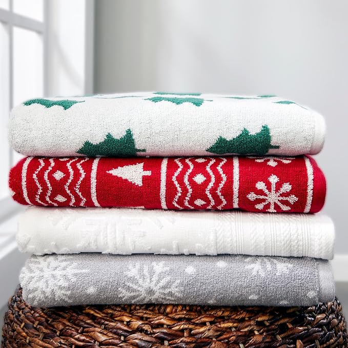 SKL Home Christmas/Winter Fair Isle Bath Towel, 100% Cotton Jacquard, Red | 500 GSM. Soft & absorbent terry with reversible pattern. Great for holiday gifting.