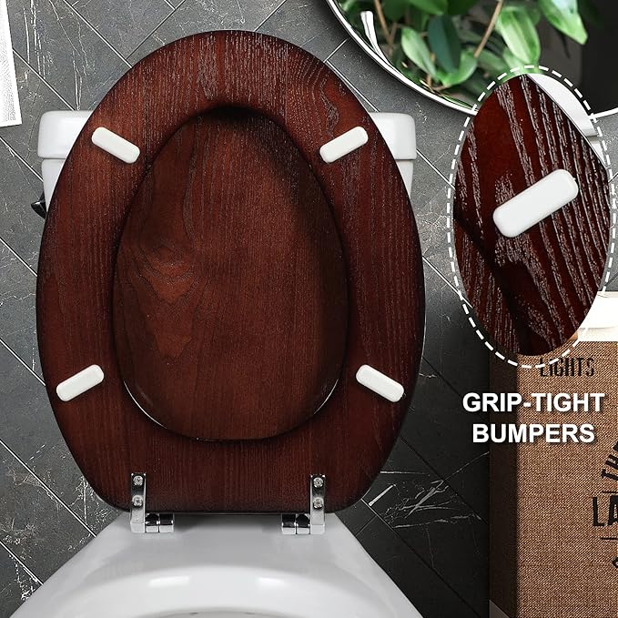 Angel Shield Durable Wood Veneer Natural Toilet Seat Metal Hinged Easy Clean Anti-scratch American Standard(Elongated,Dark Walnut)