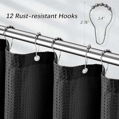 Shower Curtain Black Waffle Textured, 256GSM Heavy Duty Weighted Fabric Shower Curtains, Hotel Quality Luxury Polyester Water Repellent Bathroom Curtain with 12 Hooks, 72Wx78H