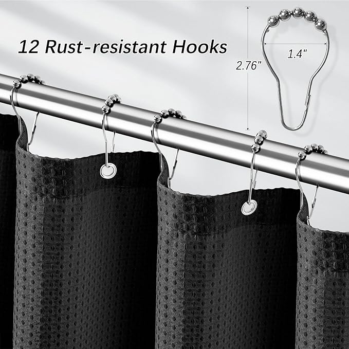 90 inch Long Waffle Textured Fabric Shower Curtains, 256GSM Heavy Duty Weighted Shower Curtain, Hotel Quality Luxury Polyester Bathroom Curtain with 12 Hooks, 72Wx90H