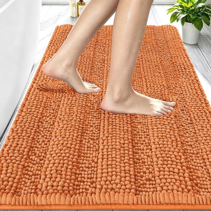 Smiry Thick Chenille Bathroom Rugs 30x20, Soft Absorbent Bath Mat, Clay | Quick‑Dry & Machine Washable, Non‑Slip Bath Carpet, Striped Bath Rugs for Tub & Shower, Modern Home Decor Accessories