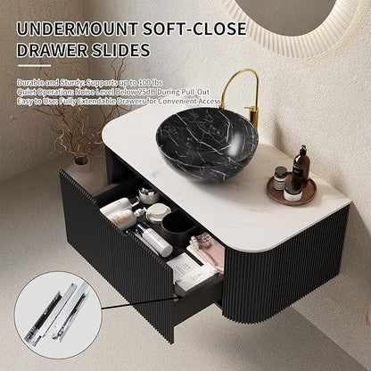 Yayzy 36" Floating Bathroom Vanity with Sink, Solid Wood Fluted Cabinet, White Marble-Patterned Ceramic Basin & Faux Marble Top, Soft-Close Drawer, Pre-Assembled, Gloss Black