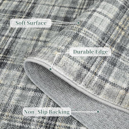 Tartan Plaid Washable Round Rugs 4ft, Non-Slip Soft Small Round Rug Circle Stain Resistant Low Pile Carpet for Entryway Kitchen Bedroom Nursery Bathroom, Greyish Green