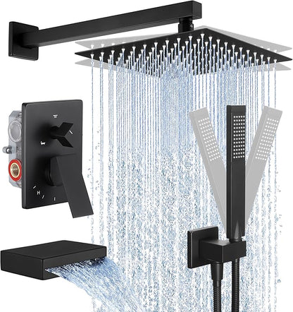 KES Shower System with Tub Spout, Matte Black Shower Faucet Set Complete 10 Inch Rain Shower Head with Handheld Spray and Waterfall Bathtub, cUPC Pressure Balance Shower Valve Trim Kit, XB6305F18-BK