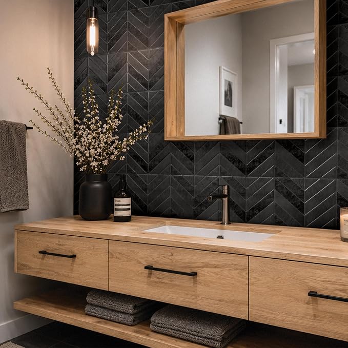 Smart Tiles Peel and Stick backsplash, Chevron Black, 11.43"x9" | Pack of 5 (3.5 sq ft), Matte & Glossy, Heat/Moisture Resistant, Low VOC, Kitchen/Bathroom, Renter Friendly, Made in Canada