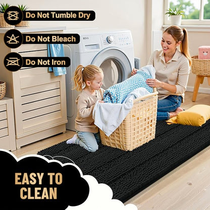 OLANLY Thick Bathroom Runner Rugs 44x24, Soft Chenille Bath Rugs, Black | Absorbent Striped, Rubber Backing, Machine Wash, Long Bath Mats for Bathroom Floor, Tub and Shower, Home Decor Accessories