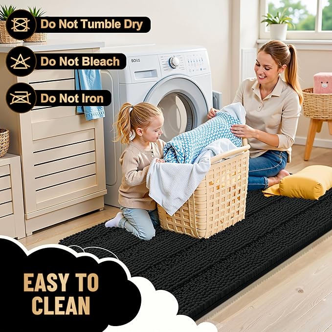 OLANLY Thick Bathroom Runner Rugs 47x24, Soft Chenille Bath Rugs, Black | Absorbent Striped, Rubber Backing, Machine Wash, Long Bath Mats for Bathroom Floor, Tub and Shower, Home Decor Accessories