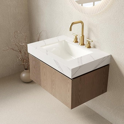 KEIKI 30 Inch Floating Bathroom Vanity with Sink, Light Brown & White | Modern Wall Mounted Storage Cabinet w/ Drawer & Door, Pre-assembled Wood Panels, Sintered Stone Top & Ceramic Basin Combo Set