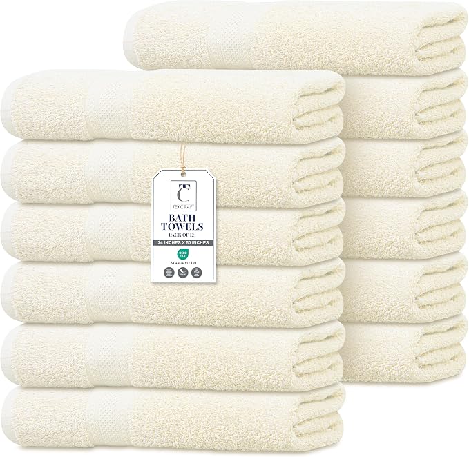 Commercial Bulk Pack of 12 Large Bath Towels – 100% Cotton Terry 24" x 50" – Ideal for Hotels, Salons, Gyms, Spas & Institutional Use – Ivory