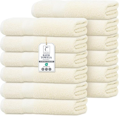 Commercial Bulk Pack of 12 Large Bath Towels – 100% Cotton Terry 24" x 50" – Ideal for Hotels, Salons, Gyms, Spas & Institutional Use – Ivory