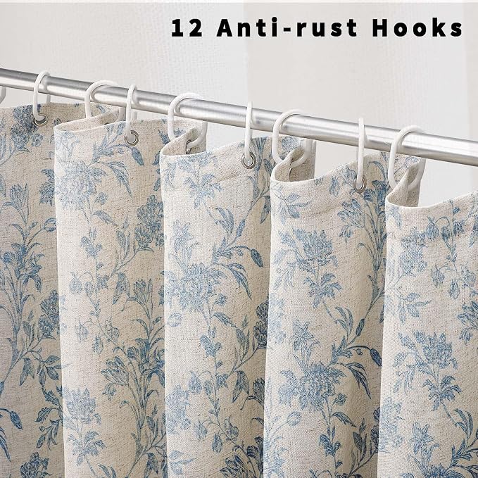 WOUVMA Blue Shower Curtain Floral Cotton Linen Cottagecore Shower Curtain for Bathroom 72" W x 72" L