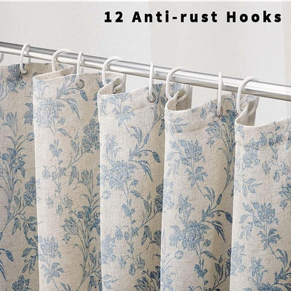 WOUVMA Blue Shower Curtain Floral Cotton Linen Cottagecore Shower Curtain for Bathroom 72" W x 72" L