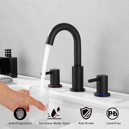 Black Bathroom Faucets 3 Hole, Matte Black Bathroom Faucet with Pop up Drain, Stainless Steel 2 Handle 8 Inch Widespread Vanity Faucet for Bathroom Sink, AML-21754-BK