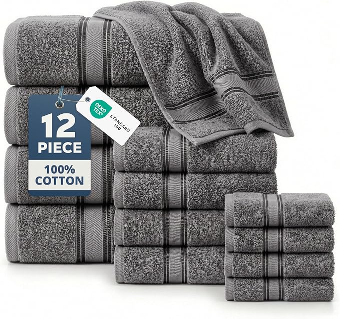 LANE LINEN Bath Towel Set 100% Cotton 12 Piece Soft Absorbent - Grey | Shower Towels - Generously Sized, Oversized & Roomy, Lightweight & Breathable, Fade-Resistant Color, Classic Terry Weave