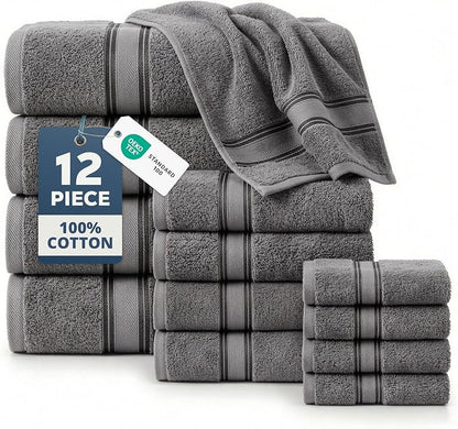 LANE LINEN Bath Towel Set 100% Cotton 12 Piece Soft Absorbent - Grey | Shower Towels - Generously Sized, Oversized & Roomy, Lightweight & Breathable, Fade-Resistant Color, Classic Terry Weave