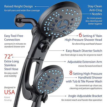 AquaCare 50-mode High Pressure Shower Head Combo with Arm & Dual Power Wash | Hygienic Jets, 2-mode Handheld Power Wash for Tub, Tile & Pets, Long 6 ft. Stainless Steel Hose, Extra Wall Bracket / Bronze