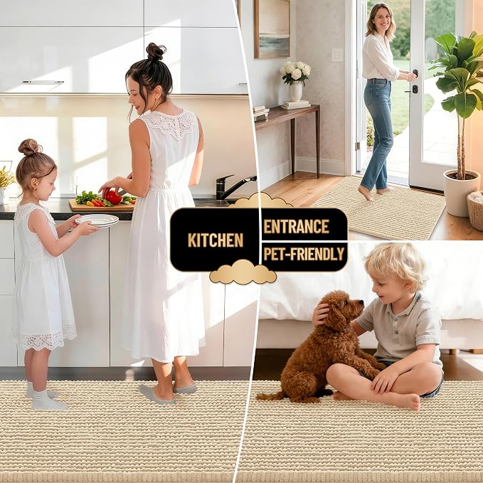 OLANLY Thick Chenille Bathroom Runner Rugs 47x24, Absorbent Bath Mat, Beige | Soft Bath Rugs, Rubber Backing, Machine Wash Dry, Bath Mats for Bathroom, Tub and Shower, Home Decor Accessories
