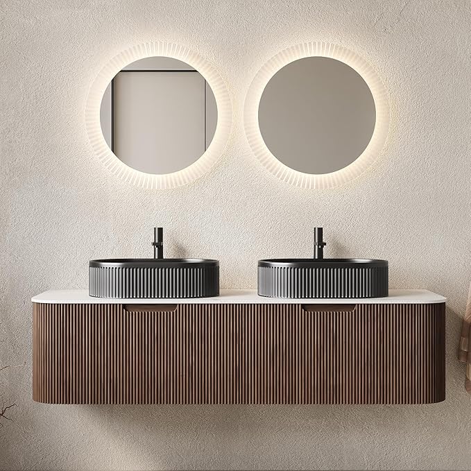 Yayzy 60" Floating Bathroom Vanity with Sink, Solid Wood Fluted Cabinet, Black Fluted Oval Ceramic Basin & Faux Marble Top, Soft-Close Drawer, Pre-Assembled, Walnut Woodgrain