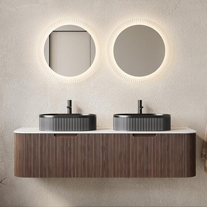 Yayzy 60" Floating Bathroom Vanity with Sink, Solid Wood Fluted Cabinet, Black Fluted Oval Ceramic Basin & Faux Marble Top, Soft-Close Drawer, Pre-Assembled, Walnut Woodgrain