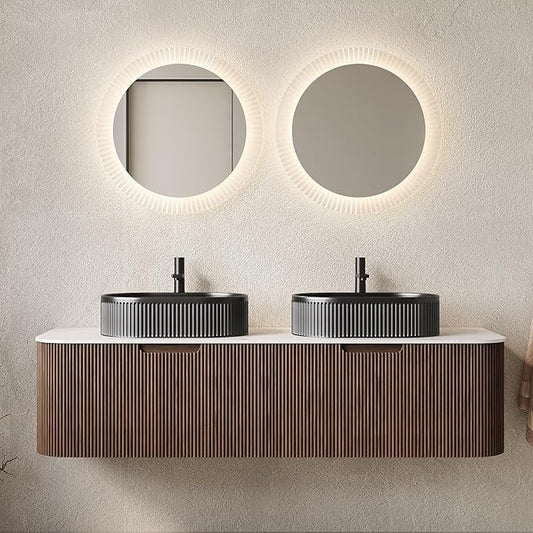 Yayzy 60" Floating Bathroom Vanity with Sink, Solid Wood Fluted Cabinet, Black Fluted Oval Ceramic Basin & Faux Marble Top, Soft-Close Drawer, Pre-Assembled, Walnut Woodgrain