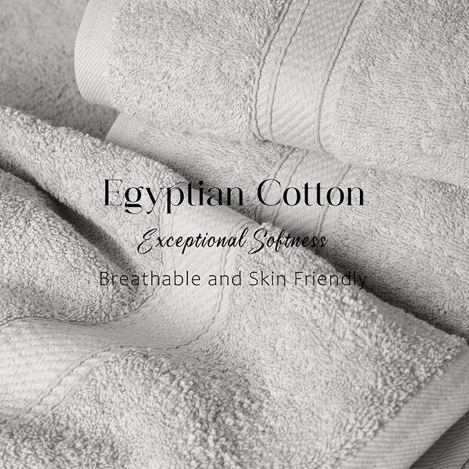 SUPERIOR Egyptian Cotton Ultra Plush & Absorbent, 12 Piece Set, Silver | Heavyweight 12 Pc Egyptian Cotton Towel Set Includes 4 Bath Towels 4 Hand Towels 4 Washcloths Decorative Rope Border