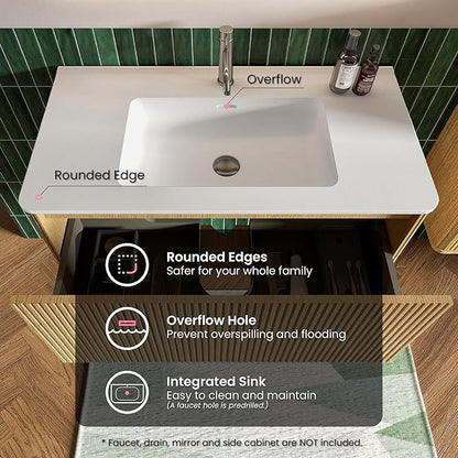 36" Bathroom Vanity with Sink, Modern Floating Vanity with Push Open Soft Close Drawer, Large Storage for Bathroom, Apartment, Hotel, Natural Oak, Fully Assembled - Camellia Collection
