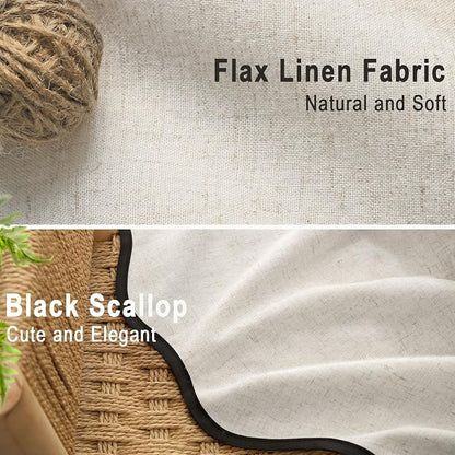 Scalloped Shower Curtain Linen Boho Ivory White 72" W x 72" L | Linen Fabric, Black Border, Washable, Heavy Duty Cloth, Shower Curtain for Boho Farmhouse Bathroom Bathtub