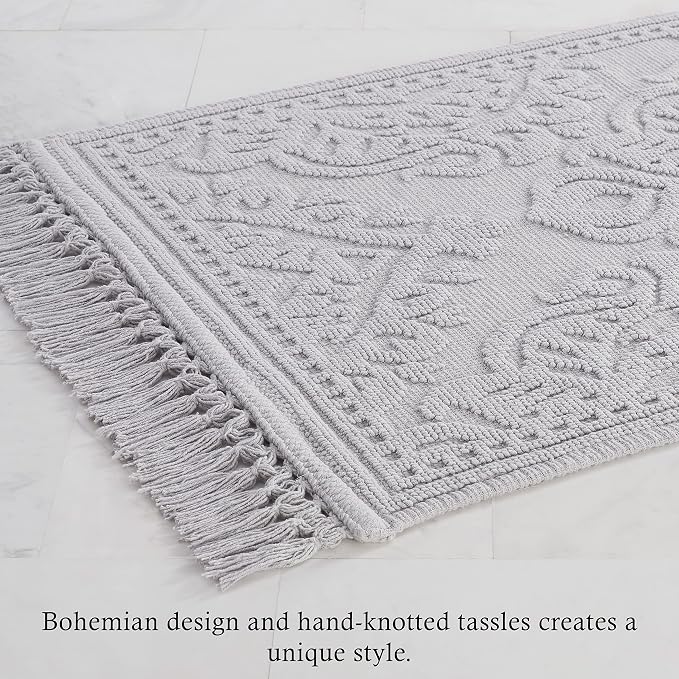 Jean Pierre - Ricardo Bath Mats, Set of 2 Woven Fringe Bathroom Rugs, 100% Cotton, Premium Bathroom Decor - Measures 17" x 31" and 21" x 41" - Light Gray
