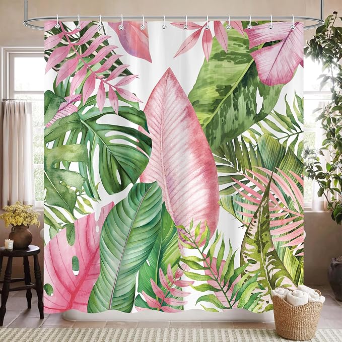 Botanical Shower Curtain Tropical Green Pink Leaves Watercolor Bathroom Curtain with Hooks, Waterproof Fabric 72 x 72 Inch