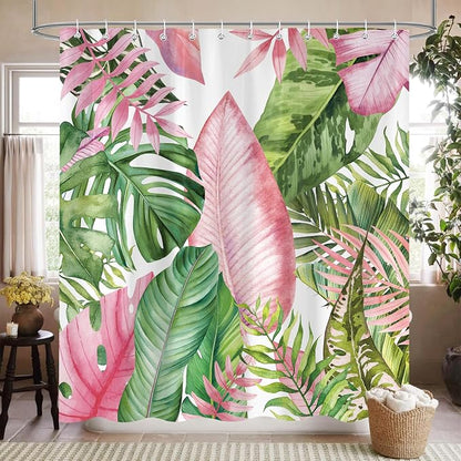 Botanical Shower Curtain Tropical Green Pink Leaves Watercolor Bathroom Curtain with Hooks, Waterproof Fabric 72 x 72 Inch