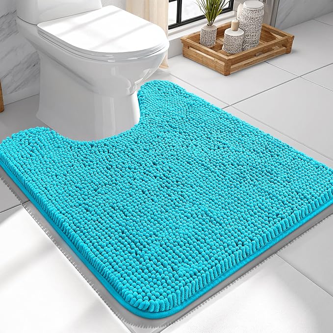 OLANLY Toilet Rugs U-Shaped 24x24, Soft Absorbent Chenille Contour Rugs | Aqua Sky, Quick-Drying Rubber Backing, Machine Washable Non-Slip Shaggy Bathroom Mat for Toilet, Home Decor Accessories