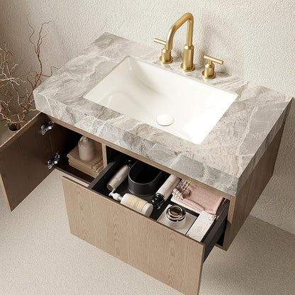 KEIKI 36 Inch Floating Bathroom Vanity with Sink, Light Brown & Grey | Modern Wall Mounted Storage Cabinet w/ Drawer & Door, Pre-assembled Wood Panels, Sintered Stone Top & Ceramic Basin Combo Set