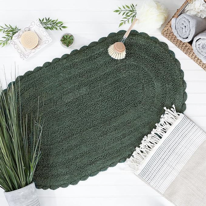 DII Crochet Collection Reversible Bath Mat, Large Oval, 21x34, Dark Green