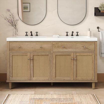 60 Inch Bathroom Vanity with Double Sink,Wood Color Doule Sink Vanity with 2 Tip-Out Trays & 4 Soft Closing Doors,Large Storage Space,Silver Knobs,Solid Wood Legs,Woven Rattan Doors Front