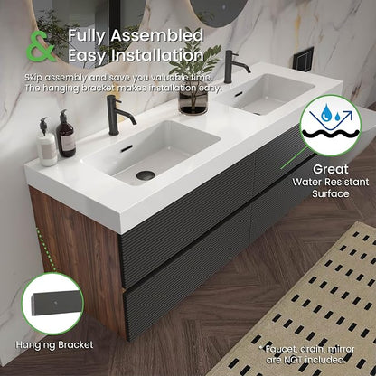 60" Pre-Assembled Floating Vanity with Double White Sink, Walnut | Modern Floating Double Sink Bathroom Vanity with Integrated Engineered Stone Top & Soft-Closing Drawers, Two-tone Cabinet