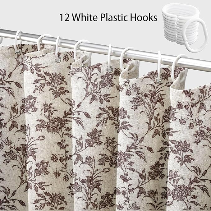 WOUVMA Extra Long Brown Shower Curtain Floral Cotton Linen Cottagecore Shower Curtain for Bathroom 96" L x 72" W
