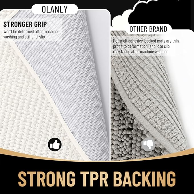 OLANLY Thick Chenille Bathroom Rugs 30x20, Soft Absorbent Bath Mat, Ivory | Bath Rugs, Rubber Backing, Machine Wash Dry, Bath Mats for Bathroom Floor, Tub and Shower, Home Decor Accessories
