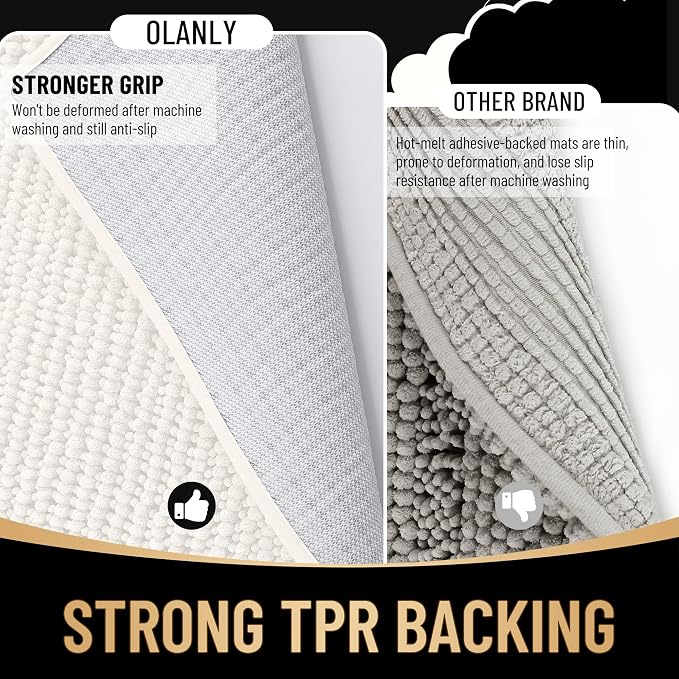 OLANLY Thick Chenille Large Bathroom Rugs 59x35, Absorbent Bath Mat, Ivory | Soft Bath Rugs, Rubber Backing, Machine Wash Dry, Bath Mats for Bathroom, Tub and Shower, Home Decor Accessories