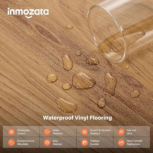 INMOZATA 36 Pack Peel and Stick Vinyl Flooring Waterproof Floor Tile | 54 Sq.Ft, Heat-resistant, Wood Grain Self Adhesive Flooring for DIY Bedroom Living Room Bathroom Kitchen (Smoked Brown)