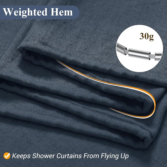 Denim Blue Linen Shower Curtain, Country Boho Farmhouse Bath Decor Shower Curtains Neutral Cloth Weighted Textured Fabric Bath Curtain Liner with Hooks, 72x78