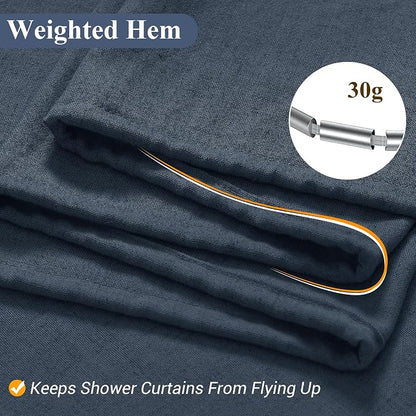 Denim Blue Linen Shower Curtain, Country Boho Farmhouse Bath Decor Shower Curtains Neutral Cloth Weighted Textured Fabric Bath Curtain Liner with Hooks, 72x78