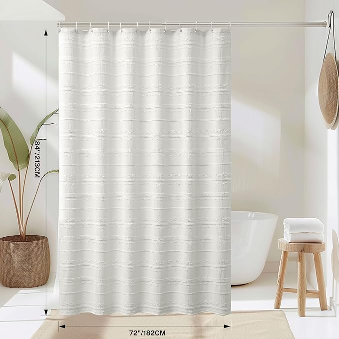 Extra Long Farmhouse White Shower Curtain Boho, 72 x 84 Cotton Blend Tufted Weave Waffle Stripe Textured Heavy Duty, Fabric Shower Curtain for Bathroom, Hotel