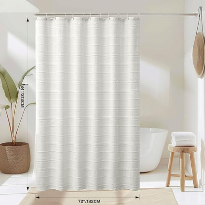 Extra Long Farmhouse White Shower Curtain Boho, 72 x 84 Cotton Blend Tufted Weave Waffle Stripe Textured Heavy Duty, Fabric Shower Curtain for Bathroom, Hotel
