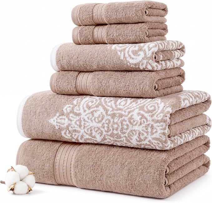 Modern Threads 6-Piece 100% Cotton Damask Medallion Towel Set, Taupe | Highly Absorbent, Soft & Plush, Quick-Drying, 550 GSM, Color-Rich Yarn-Dyed Design, OEKO-TEX Certified