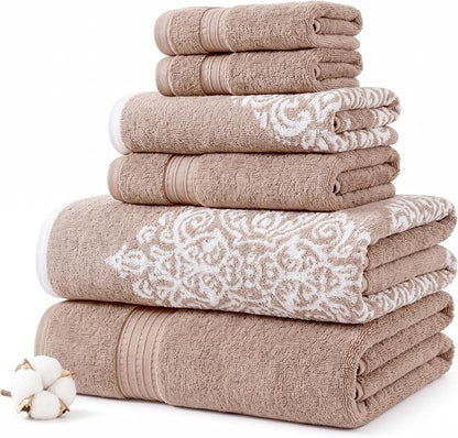 Modern Threads 6-Piece 100% Cotton Damask Medallion Towel Set, Taupe | Highly Absorbent, Soft & Plush, Quick-Drying, 550 GSM, Color-Rich Yarn-Dyed Design, OEKO-TEX Certified