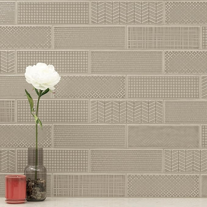 M S International Urbano Warm Concrete 3D Mix Glossy Ceramic Subway Tile for Bathroom, Kitchen Backsplash, Accent Wall, and Shower