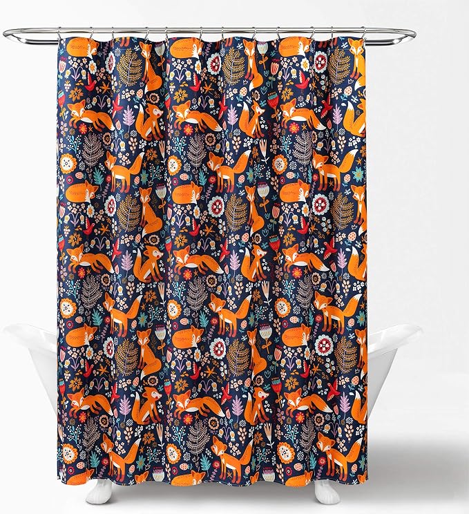 Lush Decor Pixie Fox Shower Curtain, 72" W x 72" L, Navy - Navy Shower Curtain - Fun Kids Floral & Animal Bathroom Decor