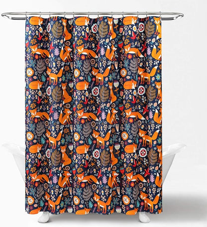 Lush Decor Pixie Fox Shower Curtain, 72" W x 72" L, Navy - Navy Shower Curtain - Fun Kids Floral & Animal Bathroom Decor