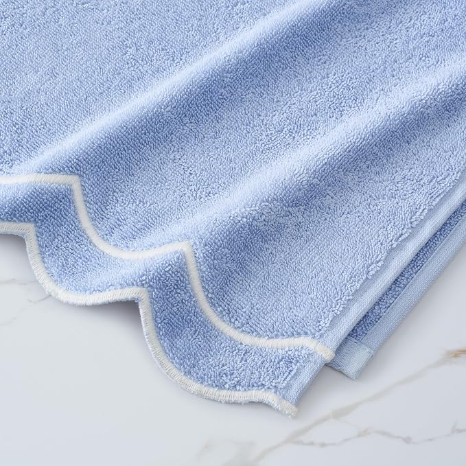 Peri Home 100% Cotton Hand Towel, 16" x 27", Blue with White Scallop, 1-Pc | Bathroom, Embroidered, Soft & Absorbent